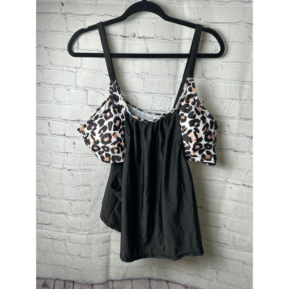 SHEIN Leopard Print Tankini Swimsuit Set Black High Waisted Plus Size 3XL